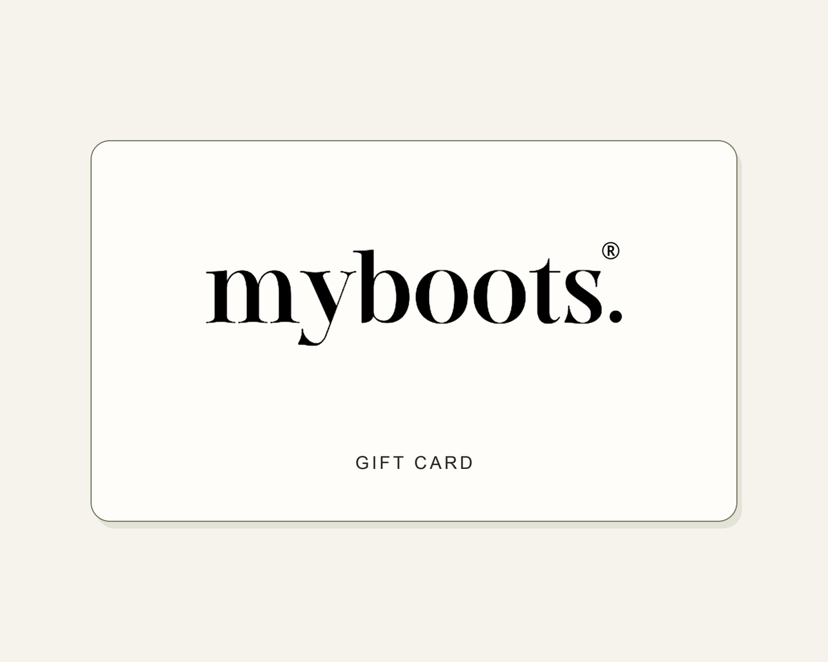 MyBoots digital gift card with centred black logo and Gift Card lettering on a cream background