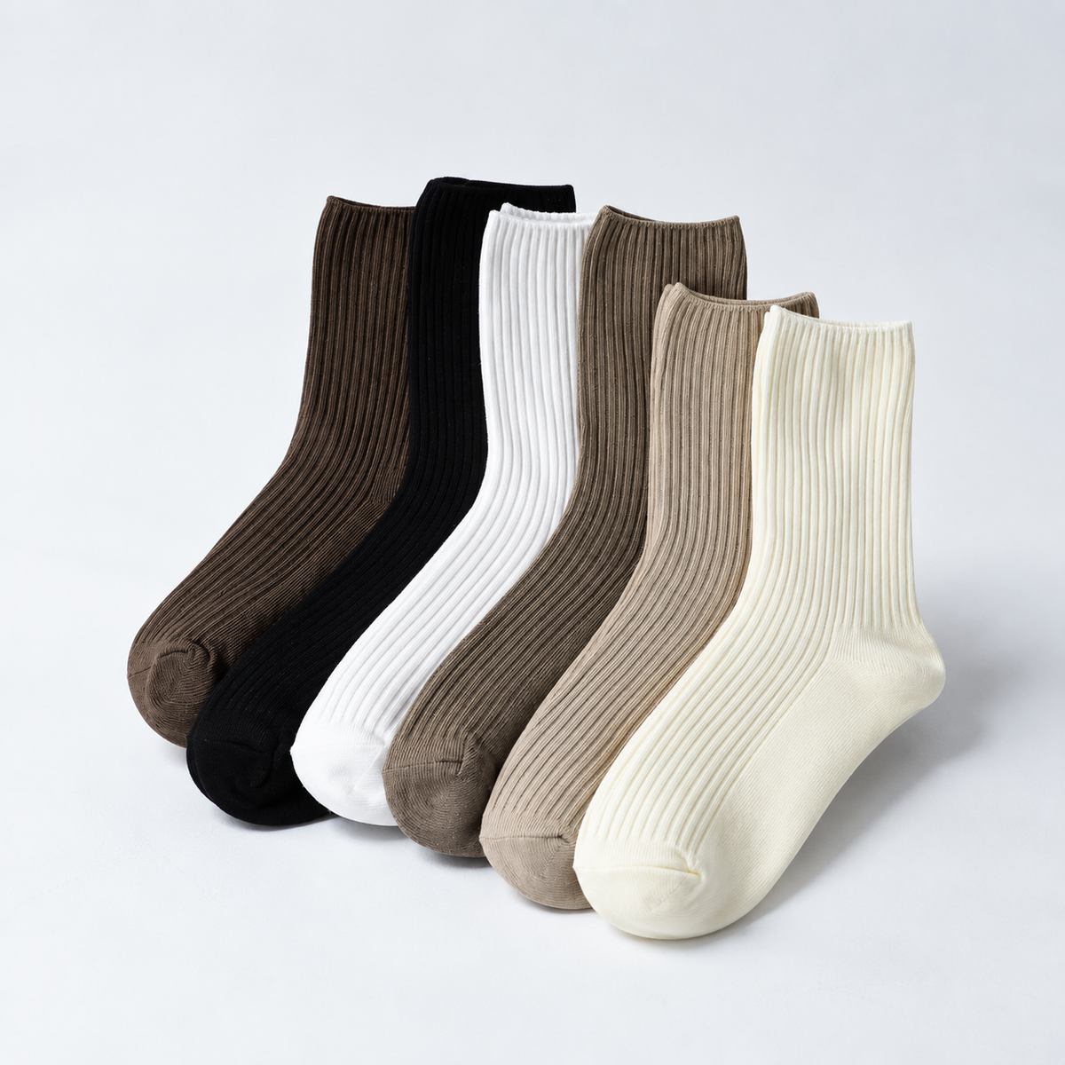 MyBoots Luxury Socks in six neutral shades, showing their ribbed texture.
